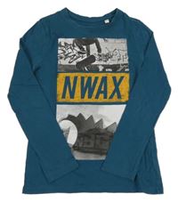 Petrolejové triko s nápisem a skejťákem C&A