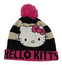 Růžovo-černo-béžová pruhovaná čepice s bambulí a Hello Kitty