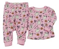 Růžové plyšové zateplené pyžamo s duchy a dýněmi Shein