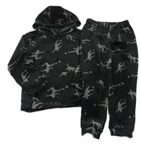 2set - Černá plyšová mikina s postavami a kapucí + tepláky 