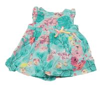 Tyrkysovo-růžové květované šaty s mašlí 