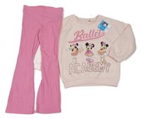 Nové - Světlerůžová mikina s Minnie + růžové žebrované flare legíny Primark