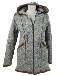 Dámský šedý melírovaný pletený zateplený kabát s kapucí 