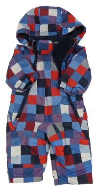 Modro-červeno-bílá kostkovaná šusťáková zimní kombinéza s kapucí Lupilu
