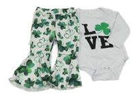 2set- bílé body s nápisem+ bílé flare legíny s trojlístky