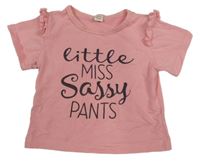 Růžové tričko s nápisem a volánky 