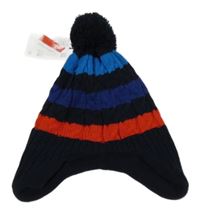 Nové - Tmavomodro-modro-červená pruhovaná čepice s bambulí C&A