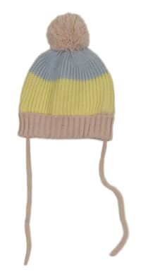Růžovo-modro-žlutá čepice s bambulí Ergee