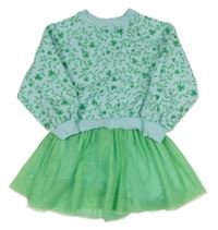 Světlemodro-zelené teplákovo/tylové šaty s květy 