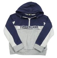Šedo-tmavomodrá mikina s nápisem a kapucí Timberland