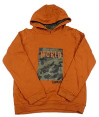 Oranžová mikina s nápisem a kapucí 