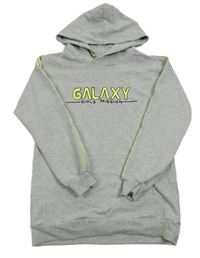 Šedo-limetková dlouhá mikina s nápisem a kapucí 