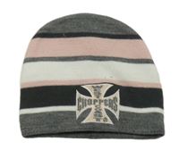 Šedo-růžovo-bílá pruhovaná čepice s nášivkou 