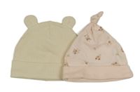 2x - Béžová žebrovaná + světlerůžová čepice s kytičkami 