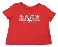 Červené crop tričko s nápisy a jednorožcem H&M