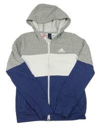 Šedo-bílo-tmavomodrá propínací mikina s kapucí Adidas