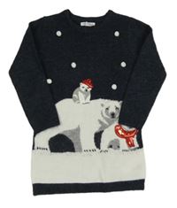 Tmavomodro-biele melírované svetrové šaty s ledními medvedíkmi s flitrami a bambulkami PRIMARK