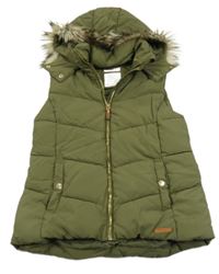 Khaki prošívaná šusťáková zateplená vesta s odepínací kapucí s kožešinou H&M