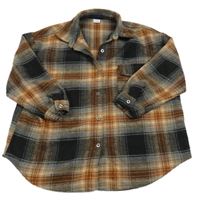 Hnedo-čierno-sivá kockovaná vlnená košeľová bunda Next