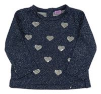 Tmavomodro-strieborný melírovaný sveter so srdíčky z flitrů F&F