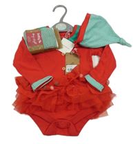 Nové - 3Set - Červeno-zelené vianočné body s tylovými volániky s bambulkami + čepice + punčocháče - elf Tu