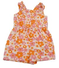 Bielo-ružovo-tmavooranžový kvetovaný vzorovaný kraťasový overal PRIMARK