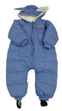 Modrá prešívaná šušťáková zimná kombinéza s mrkvičkou a kapucňou s uškami