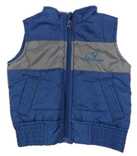 Tmavomodro/šedá prešívaná šušťáková zateplená vesta s medvedíkom impidimpi