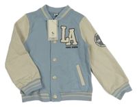 Nové - světlemodro/béžová baseballová teplá propínací mikina s písmenky a pruhy Tu