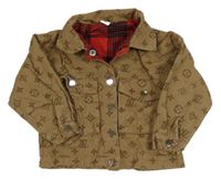 Hnedá rifľová jarná bunda s kvetmi a golierikom