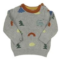 Sivo-medový melírovaný sveter s dinosaurami a stromami a sopkami John Lewis