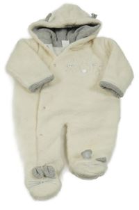 Smetanová plyšová zateplená kombinéza s králíčky a kapucí s oušky