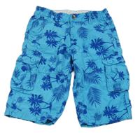 Modré cargo plátěné kraťasy s listy a květy C&A