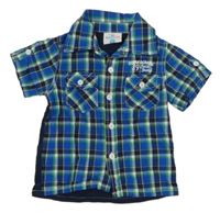 Cobaltově modro-bílo-zeleno-tmavomodrá kostkovaná košile s číslem a nápisy Topomini