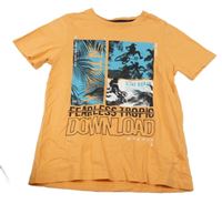 Oranžové tričko s bicyklami a listami a nápismi C&A