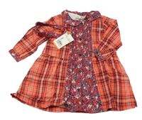 Nové - 2Set - Červeno-tmavomodro-bílo-zlaté kostkované šaty s kytičkami a límečkem + čelenka 