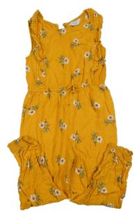 Horčicový nohavicový overal s kvietkami a volánikmi PRIMARK