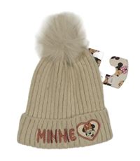 Nové - béžová rebrovaná pletená čapica s Minnie a brmbolcom PRIMARK