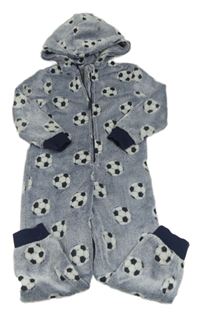 Tmavomodrá melírovaná chlpatá kombinéza s futbalovymi loptami a kapucňou M&S