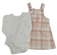 2set - Bílé žebrované body + růžovo-bílé kostkované fleecové šaty George