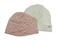 2set - Růžová bavlněná čepice s korunkami + smetanová žebrovaná