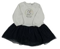 Bílo-tmavomodré teplákovo/tylové šaty se srnkou a třpytkami Orchestra