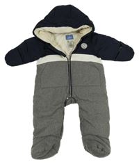 Tmavošedo-tmavomoddro-bílá zimní kombinéza s kapucí Jacadi