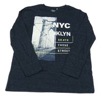 Tmavomodré melírované tričko s mostem a nápisom Yigga