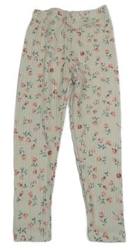 Světlebéžové květované žebrované úpletové legíny