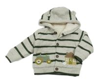 Šedo-khaki pruhovaný zateplený propínací svetr s traktorem a kapucí Nutmeg