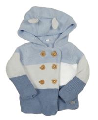 Světlemodro-bílo-modrý pruhovaný propínací svetr s kapucí