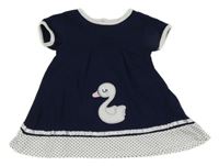 Tmavomodré bavlnené šaty s labuťou a bodkami