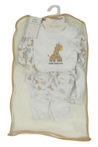 Nové - 6set - Bílé triko s žirafami a slony + lehké tepláky + body + bavlněná čepice + slinták + capáčky