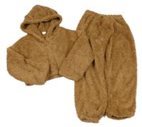 2 set - hnědá huňatá crop mikina s kapucí + tepláky Shein